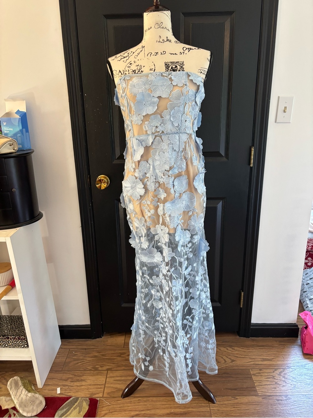 NWOT - Strapless Light Blue Floral Appliqué Evening Gown